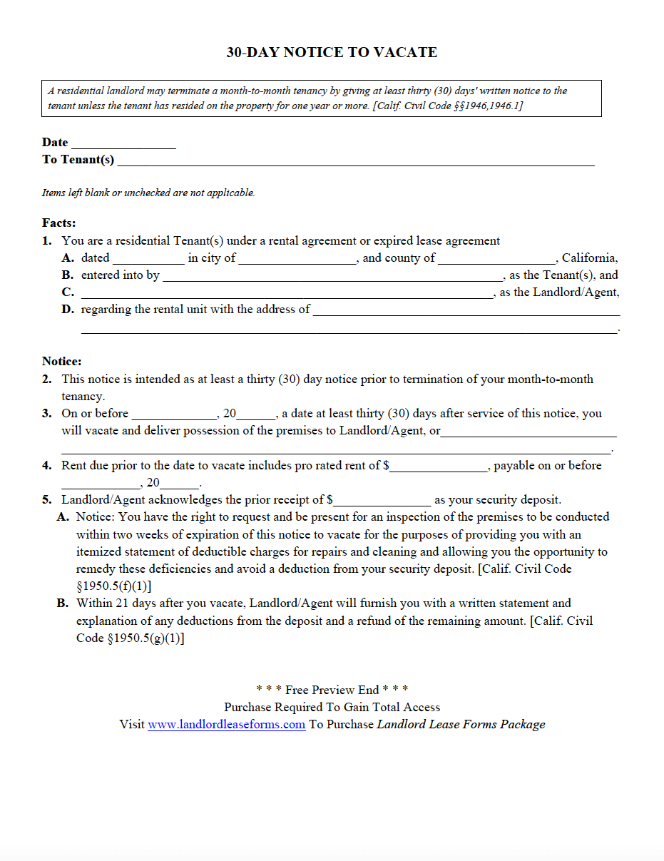 Free 30 Day Eviction Notice Template from www.landlordleaseforms.com